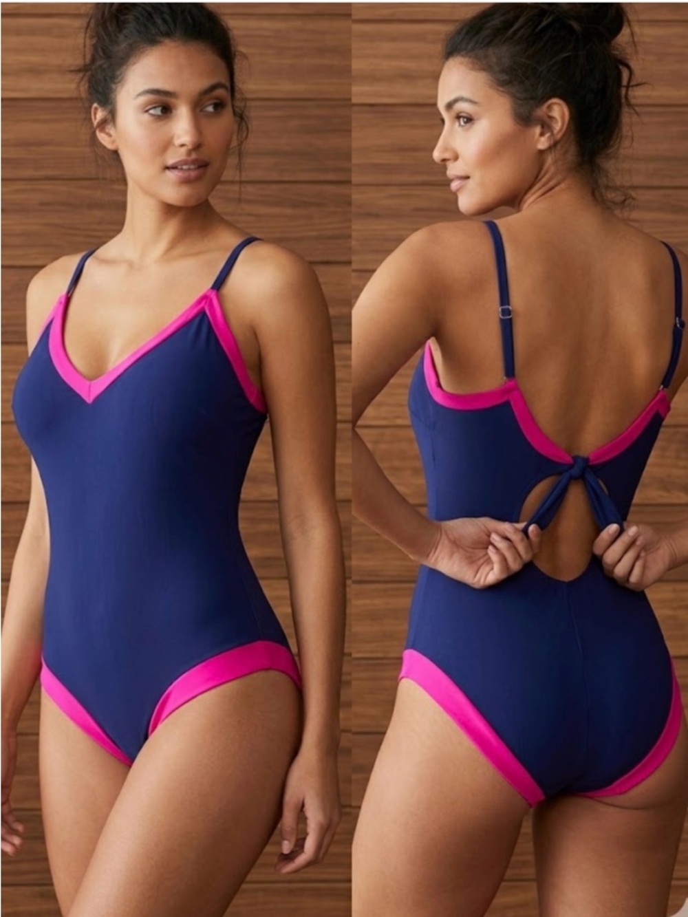 Navy One-Piece Swimsuit with Hot Pink Trim